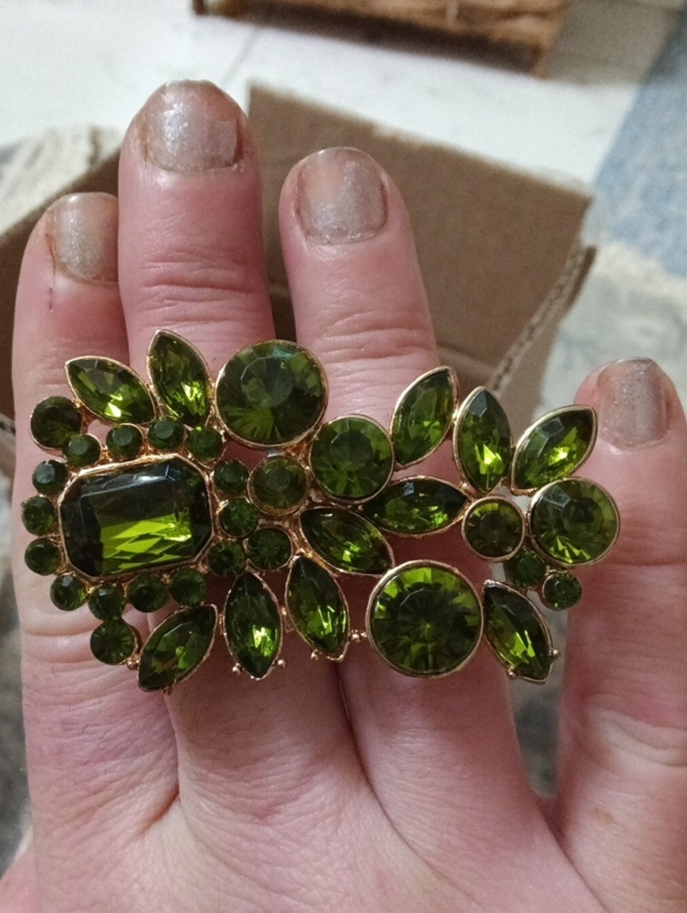 Vintage Green Crystal Cocktail Ring in Gold Tone